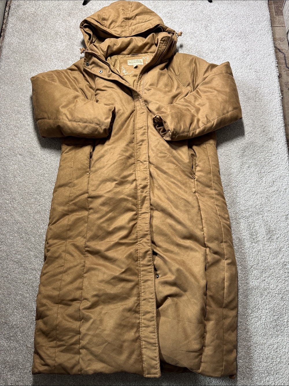 CABELA'S GOOSE DOWN WOMEN'S SIZE XL LONG PARKA TAN FAUX SUEDE WINTER COAT JACKET